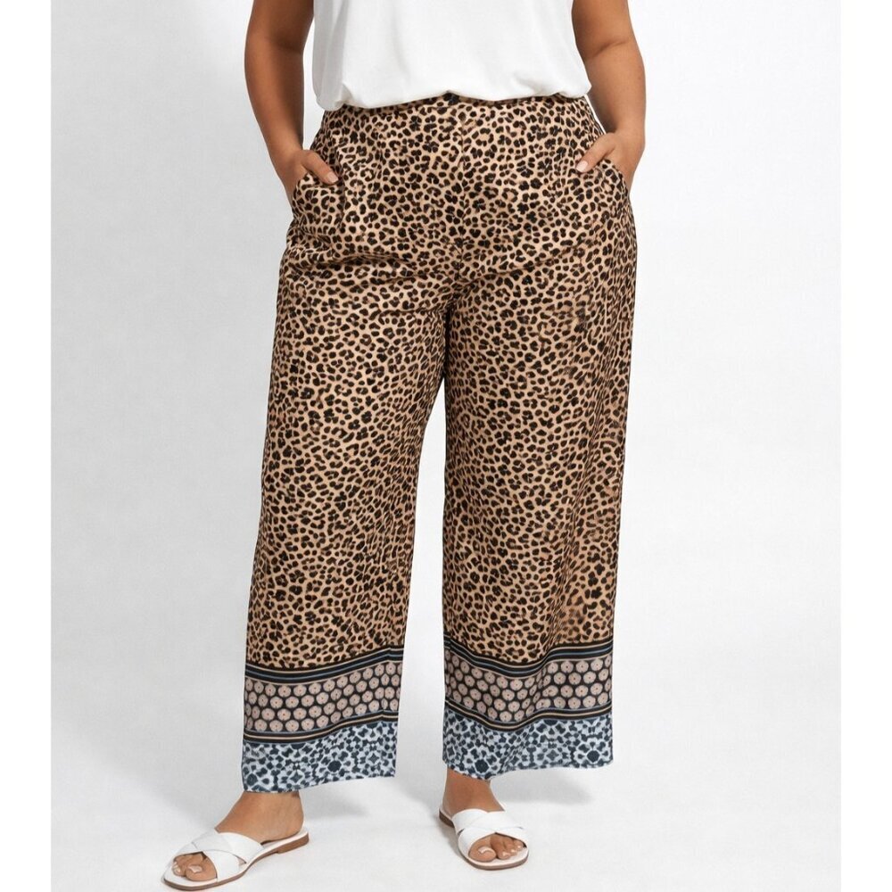 Joan Vass NY Wide Leg Pants Satin Animal Print Blue Border - Size XL